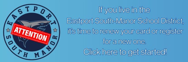 If you live in the Eastport South-Manor School District, it's time to renew your card or register for a new one. Click here to get started! Link: https://www.livebrary.com/ContractDistricts